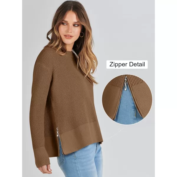 imageANRABESS Womens Cropped Waffle Knit Sweater 2023 Fall Crewneck Long Sleeve Casual Side Zipper Pullover Jumper with ThumbholesCoffee