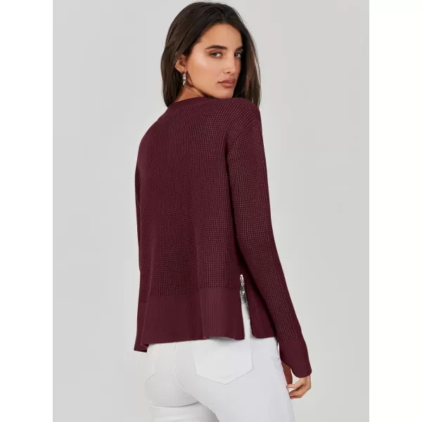 imageANRABESS Womens Cropped Waffle Knit Sweater 2023 Fall Crewneck Long Sleeve Casual Side Zipper Pullover Jumper with ThumbholesDeep Red