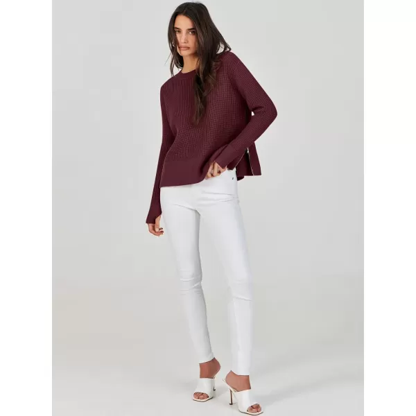 imageANRABESS Womens Cropped Waffle Knit Sweater 2023 Fall Crewneck Long Sleeve Casual Side Zipper Pullover Jumper with ThumbholesDeep Red