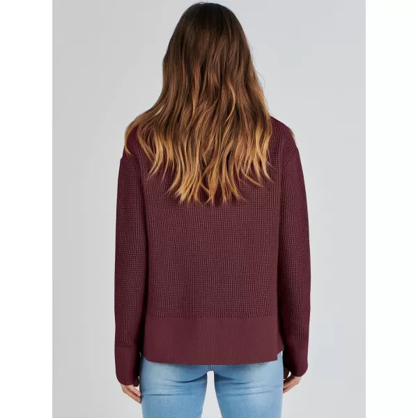 imageANRABESS Womens Cropped Waffle Knit Sweater 2023 Fall Crewneck Long Sleeve Casual Side Zipper Pullover Jumper with ThumbholesDeep Red