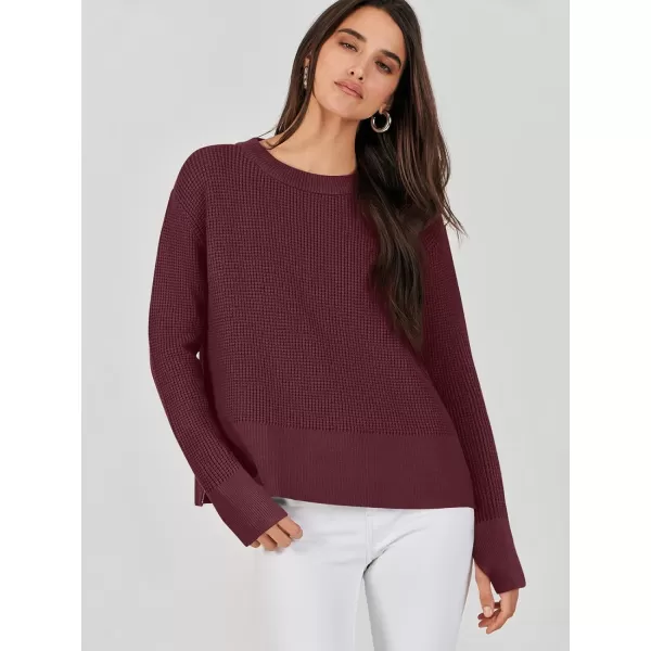 imageANRABESS Womens Cropped Waffle Knit Sweater 2023 Fall Crewneck Long Sleeve Casual Side Zipper Pullover Jumper with ThumbholesDeep Red
