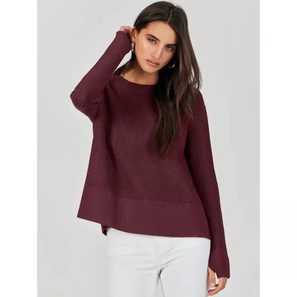 imageANRABESS Womens Cropped Waffle Knit Sweater 2023 Fall Crewneck Long Sleeve Casual Side Zipper Pullover Jumper with ThumbholesDeep Red
