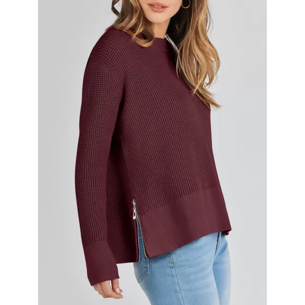 imageANRABESS Womens Cropped Waffle Knit Sweater 2023 Fall Crewneck Long Sleeve Casual Side Zipper Pullover Jumper with ThumbholesDeep Red