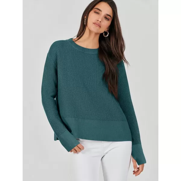 imageANRABESS Womens Cropped Waffle Knit Sweater 2023 Fall Crewneck Long Sleeve Casual Side Zipper Pullover Jumper with ThumbholesGreen