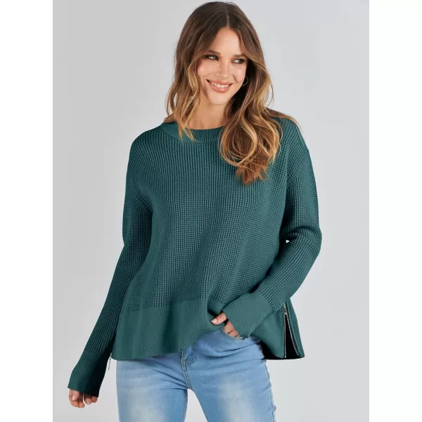 imageANRABESS Womens Cropped Waffle Knit Sweater 2023 Fall Crewneck Long Sleeve Casual Side Zipper Pullover Jumper with ThumbholesGreen