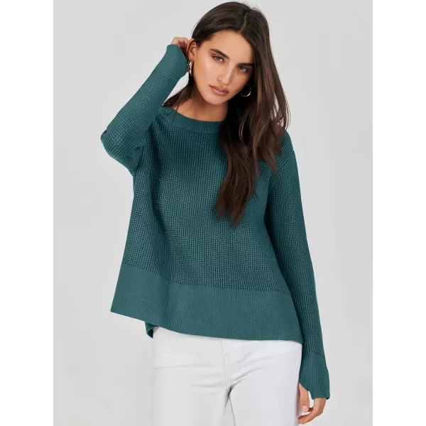 imageANRABESS Womens Cropped Waffle Knit Sweater 2023 Fall Crewneck Long Sleeve Casual Side Zipper Pullover Jumper with ThumbholesGreen