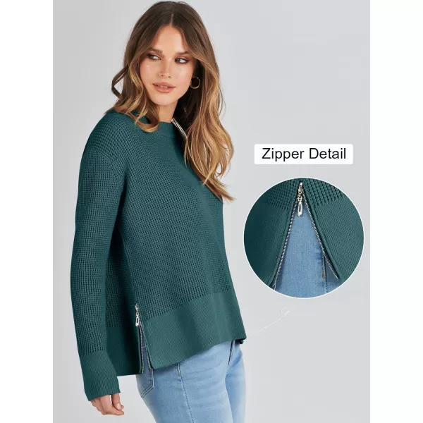imageANRABESS Womens Cropped Waffle Knit Sweater 2023 Fall Crewneck Long Sleeve Casual Side Zipper Pullover Jumper with ThumbholesGreen