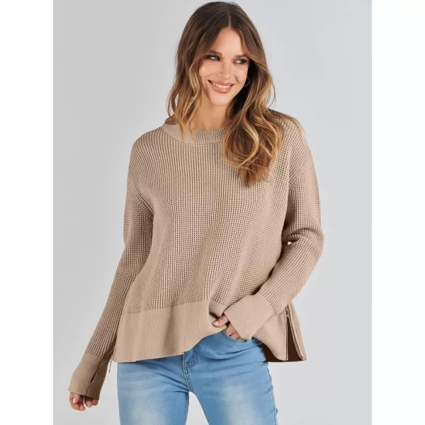 imageANRABESS Womens Cropped Waffle Knit Sweater 2023 Fall Crewneck Long Sleeve Casual Side Zipper Pullover Jumper with ThumbholesKhaki