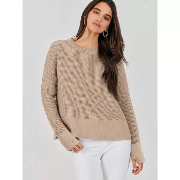 imageANRABESS Womens Cropped Waffle Knit Sweater 2023 Fall Crewneck Long Sleeve Casual Side Zipper Pullover Jumper with ThumbholesKhaki