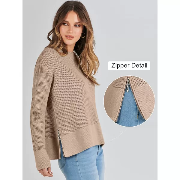 imageANRABESS Womens Cropped Waffle Knit Sweater 2023 Fall Crewneck Long Sleeve Casual Side Zipper Pullover Jumper with ThumbholesKhaki
