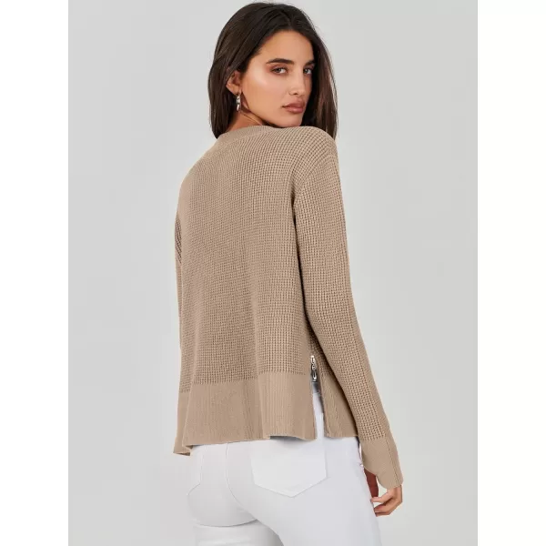 imageANRABESS Womens Cropped Waffle Knit Sweater 2023 Fall Crewneck Long Sleeve Casual Side Zipper Pullover Jumper with ThumbholesKhaki