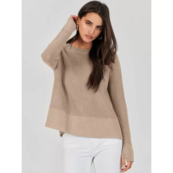 imageANRABESS Womens Cropped Waffle Knit Sweater 2023 Fall Crewneck Long Sleeve Casual Side Zipper Pullover Jumper with ThumbholesKhaki