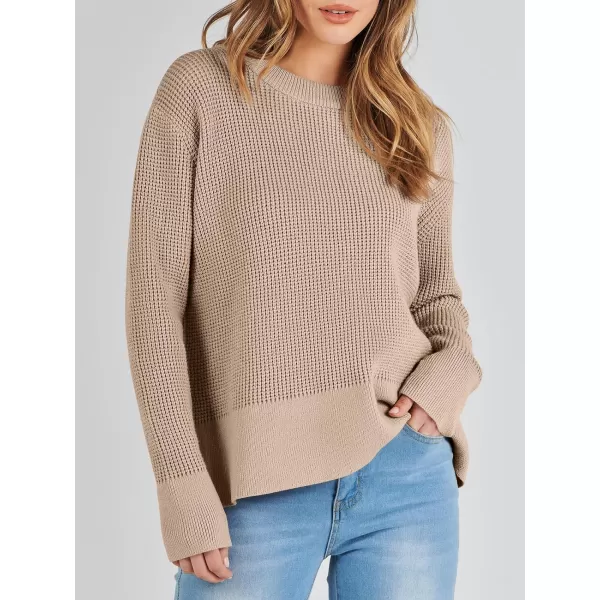 imageANRABESS Womens Cropped Waffle Knit Sweater 2023 Fall Crewneck Long Sleeve Casual Side Zipper Pullover Jumper with ThumbholesKhaki