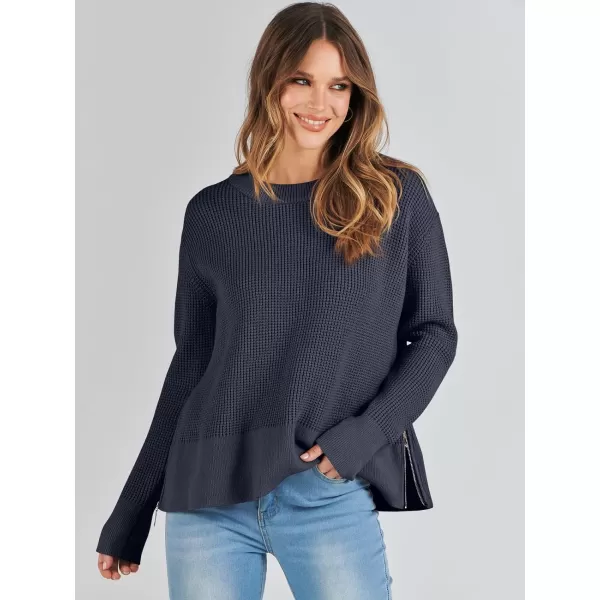 imageANRABESS Womens Cropped Waffle Knit Sweater 2023 Fall Crewneck Long Sleeve Casual Side Zipper Pullover Jumper with ThumbholesNavy Blue