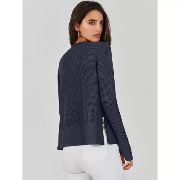 imageANRABESS Womens Cropped Waffle Knit Sweater 2023 Fall Crewneck Long Sleeve Casual Side Zipper Pullover Jumper with ThumbholesNavy Blue