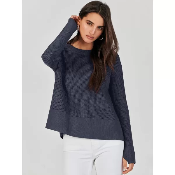 imageANRABESS Womens Cropped Waffle Knit Sweater 2023 Fall Crewneck Long Sleeve Casual Side Zipper Pullover Jumper with ThumbholesNavy Blue