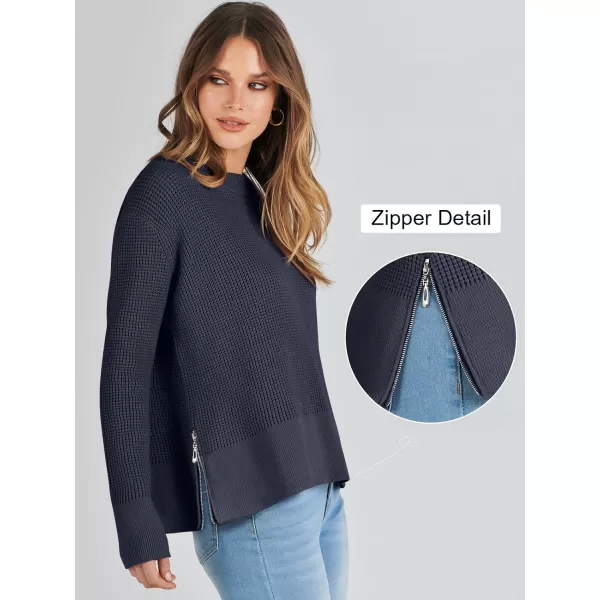 imageANRABESS Womens Cropped Waffle Knit Sweater 2023 Fall Crewneck Long Sleeve Casual Side Zipper Pullover Jumper with ThumbholesNavy Blue