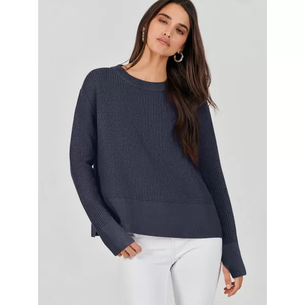 imageANRABESS Womens Cropped Waffle Knit Sweater 2023 Fall Crewneck Long Sleeve Casual Side Zipper Pullover Jumper with ThumbholesNavy Blue