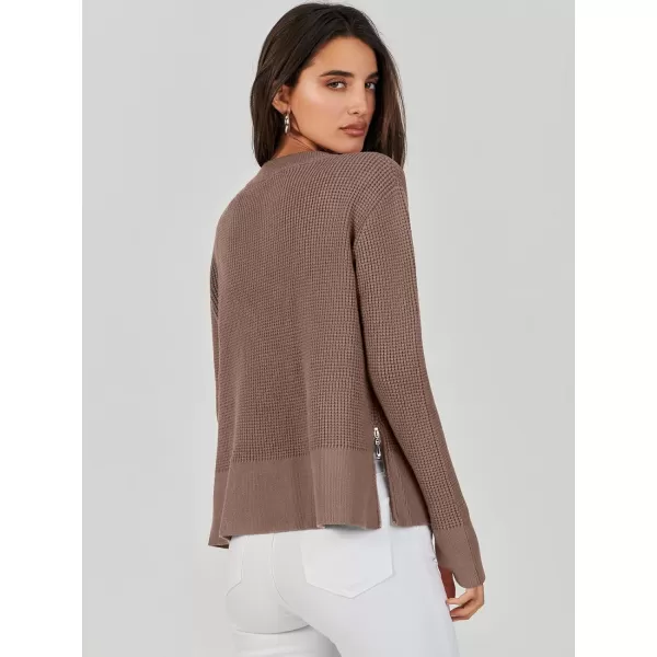imageANRABESS Womens Cropped Waffle Knit Sweater 2023 Fall Crewneck Long Sleeve Casual Side Zipper Pullover Jumper with ThumbholesNutmeg