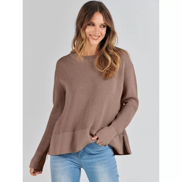 imageANRABESS Womens Cropped Waffle Knit Sweater 2023 Fall Crewneck Long Sleeve Casual Side Zipper Pullover Jumper with ThumbholesNutmeg