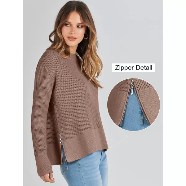 imageANRABESS Womens Cropped Waffle Knit Sweater 2023 Fall Crewneck Long Sleeve Casual Side Zipper Pullover Jumper with ThumbholesNutmeg