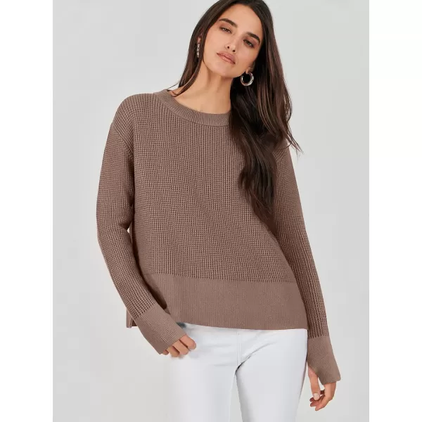 imageANRABESS Womens Cropped Waffle Knit Sweater 2023 Fall Crewneck Long Sleeve Casual Side Zipper Pullover Jumper with ThumbholesNutmeg