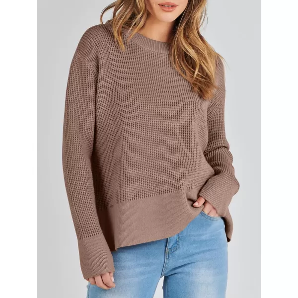 imageANRABESS Womens Cropped Waffle Knit Sweater 2023 Fall Crewneck Long Sleeve Casual Side Zipper Pullover Jumper with ThumbholesNutmeg