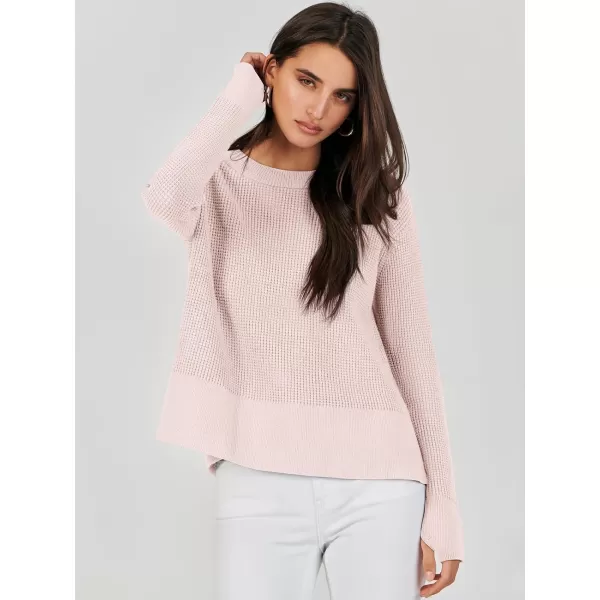 imageANRABESS Womens Cropped Waffle Knit Sweater 2023 Fall Crewneck Long Sleeve Casual Side Zipper Pullover Jumper with ThumbholesPink