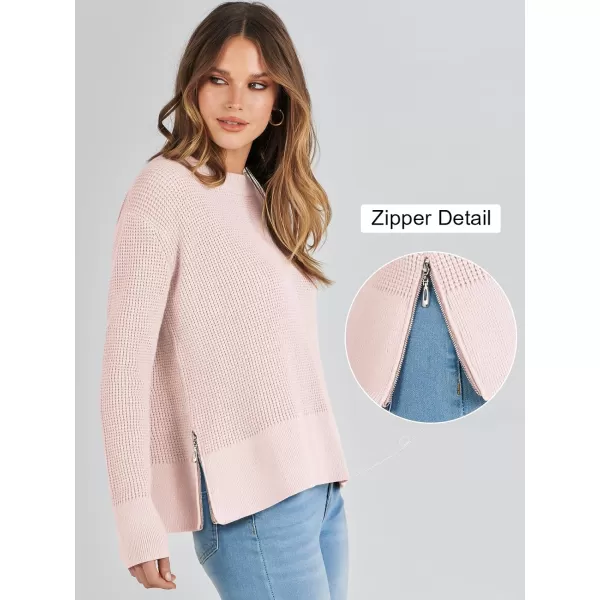 imageANRABESS Womens Cropped Waffle Knit Sweater 2023 Fall Crewneck Long Sleeve Casual Side Zipper Pullover Jumper with ThumbholesPink