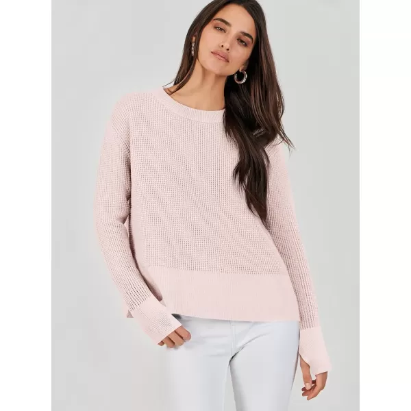 imageANRABESS Womens Cropped Waffle Knit Sweater 2023 Fall Crewneck Long Sleeve Casual Side Zipper Pullover Jumper with ThumbholesPink