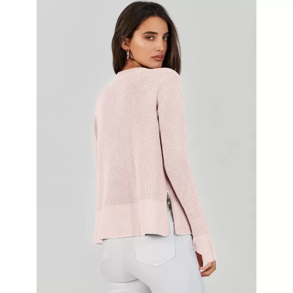 imageANRABESS Womens Cropped Waffle Knit Sweater 2023 Fall Crewneck Long Sleeve Casual Side Zipper Pullover Jumper with ThumbholesPink
