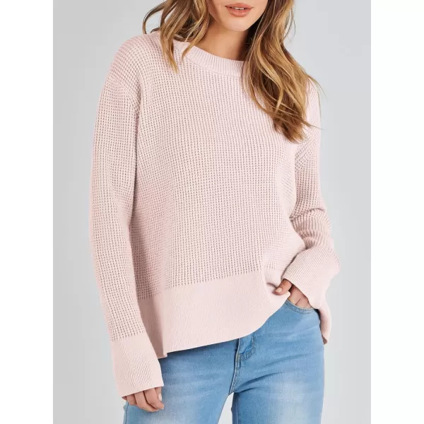imageANRABESS Womens Cropped Waffle Knit Sweater 2023 Fall Crewneck Long Sleeve Casual Side Zipper Pullover Jumper with ThumbholesPink