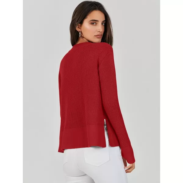 imageANRABESS Womens Cropped Waffle Knit Sweater 2023 Fall Crewneck Long Sleeve Casual Side Zipper Pullover Jumper with ThumbholesRed