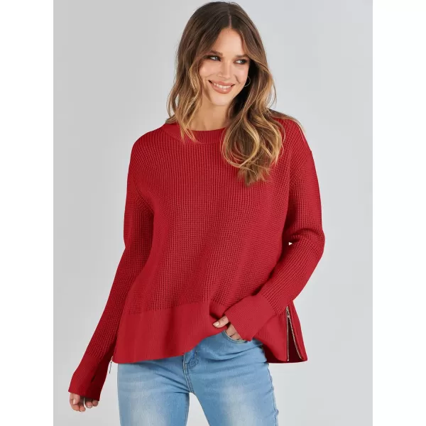imageANRABESS Womens Cropped Waffle Knit Sweater 2023 Fall Crewneck Long Sleeve Casual Side Zipper Pullover Jumper with ThumbholesRed