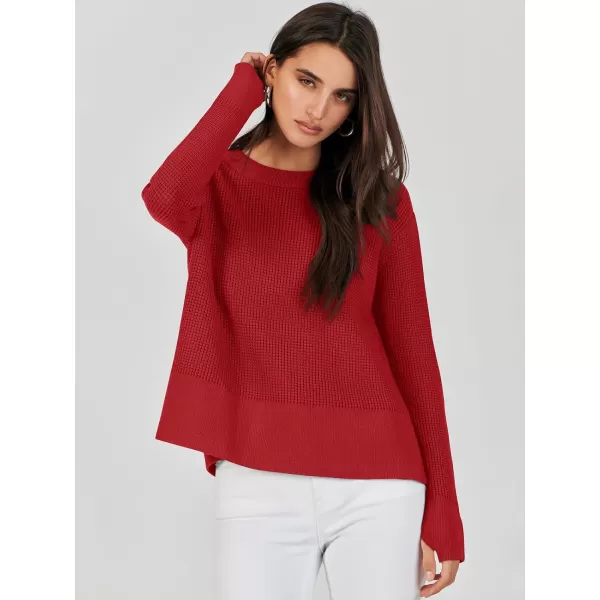 imageANRABESS Womens Cropped Waffle Knit Sweater 2023 Fall Crewneck Long Sleeve Casual Side Zipper Pullover Jumper with ThumbholesRed