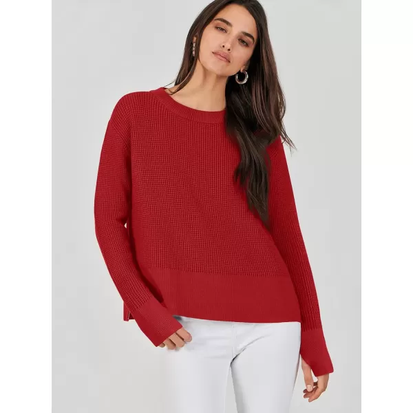 imageANRABESS Womens Cropped Waffle Knit Sweater 2023 Fall Crewneck Long Sleeve Casual Side Zipper Pullover Jumper with ThumbholesRed