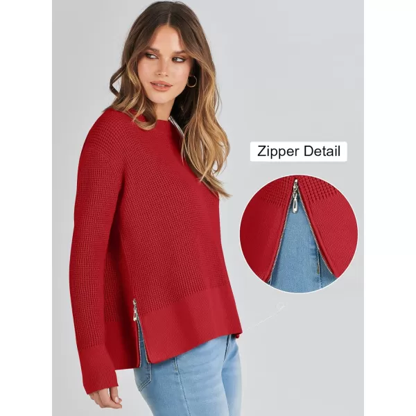 imageANRABESS Womens Cropped Waffle Knit Sweater 2023 Fall Crewneck Long Sleeve Casual Side Zipper Pullover Jumper with ThumbholesRed
