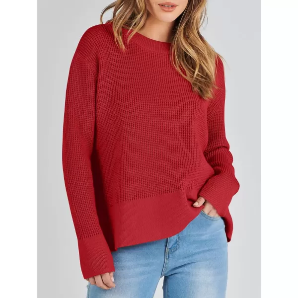imageANRABESS Womens Cropped Waffle Knit Sweater 2023 Fall Crewneck Long Sleeve Casual Side Zipper Pullover Jumper with ThumbholesRed