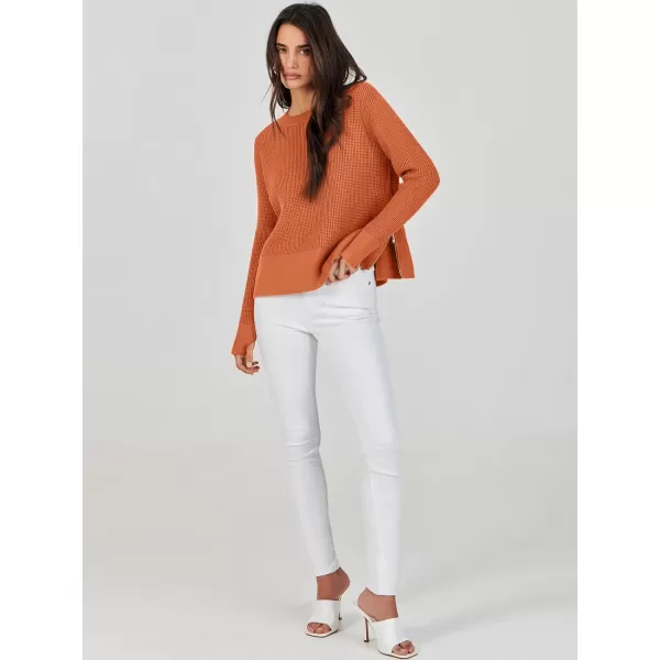 imageANRABESS Womens Cropped Waffle Knit Sweater 2023 Fall Crewneck Long Sleeve Casual Side Zipper Pullover Jumper with ThumbholesRust