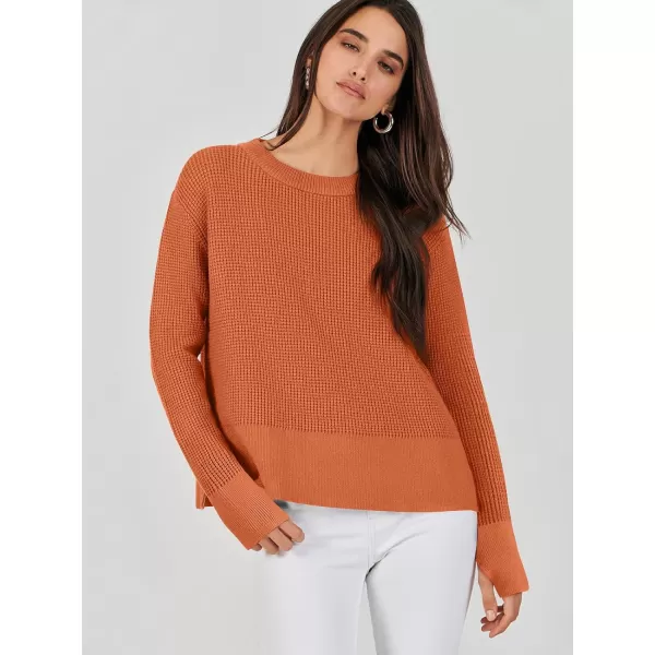 imageANRABESS Womens Cropped Waffle Knit Sweater 2023 Fall Crewneck Long Sleeve Casual Side Zipper Pullover Jumper with ThumbholesRust