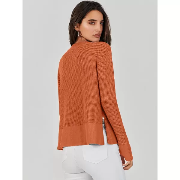 imageANRABESS Womens Cropped Waffle Knit Sweater 2023 Fall Crewneck Long Sleeve Casual Side Zipper Pullover Jumper with ThumbholesRust