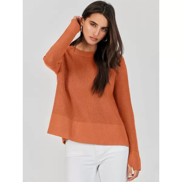 imageANRABESS Womens Cropped Waffle Knit Sweater 2023 Fall Crewneck Long Sleeve Casual Side Zipper Pullover Jumper with ThumbholesRust