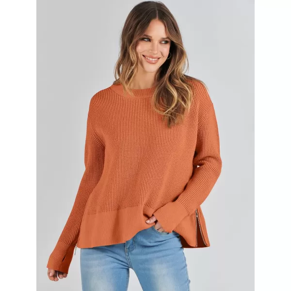 imageANRABESS Womens Cropped Waffle Knit Sweater 2023 Fall Crewneck Long Sleeve Casual Side Zipper Pullover Jumper with ThumbholesRust