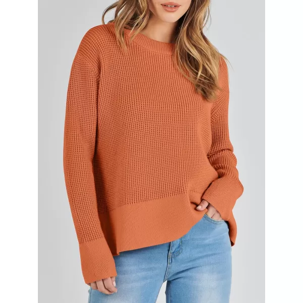 imageANRABESS Womens Cropped Waffle Knit Sweater 2023 Fall Crewneck Long Sleeve Casual Side Zipper Pullover Jumper with ThumbholesRust