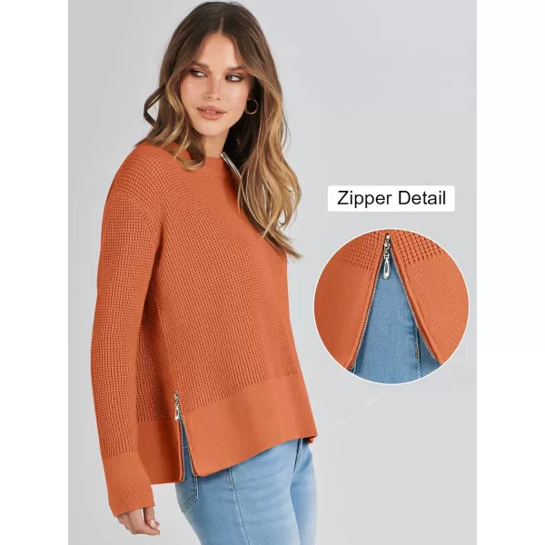 imageANRABESS Womens Cropped Waffle Knit Sweater 2023 Fall Crewneck Long Sleeve Casual Side Zipper Pullover Jumper with ThumbholesRust