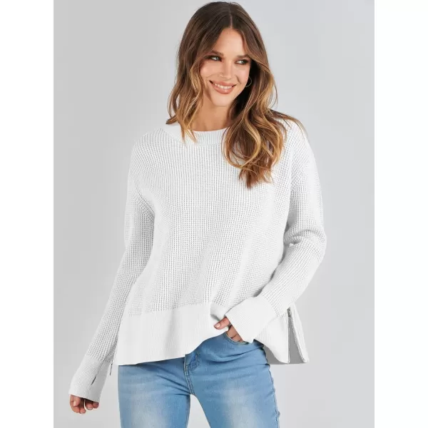 imageANRABESS Womens Cropped Waffle Knit Sweater 2023 Fall Crewneck Long Sleeve Casual Side Zipper Pullover Jumper with ThumbholesWhite