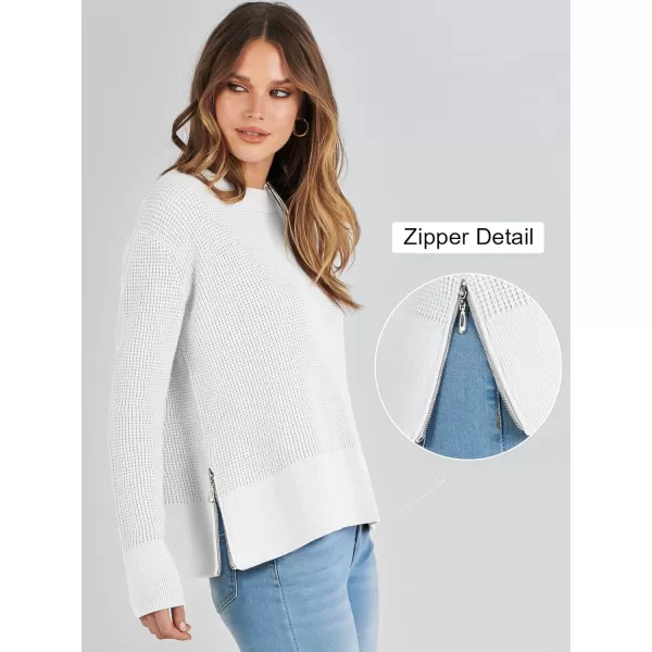 imageANRABESS Womens Cropped Waffle Knit Sweater 2023 Fall Crewneck Long Sleeve Casual Side Zipper Pullover Jumper with ThumbholesWhite