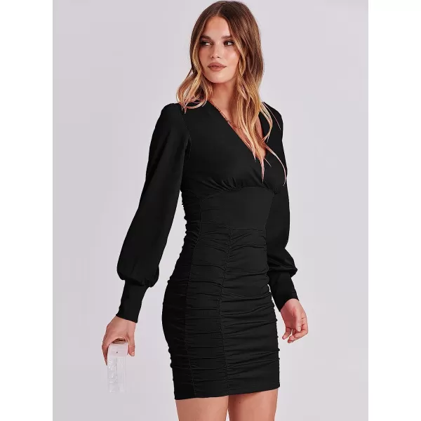 imageANRABESS Womens Deep V Neck Long Sleeve Short Cocktail Dress Sexy Ruched Bodycon Mini Party Club Night DressesBlack