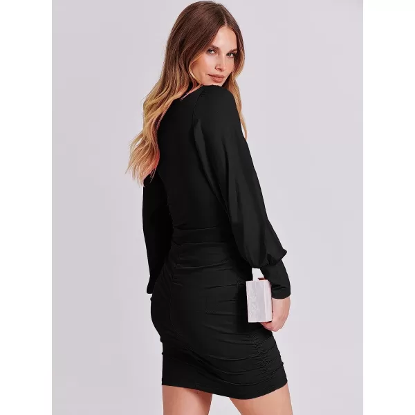 imageANRABESS Womens Deep V Neck Long Sleeve Short Cocktail Dress Sexy Ruched Bodycon Mini Party Club Night DressesBlack