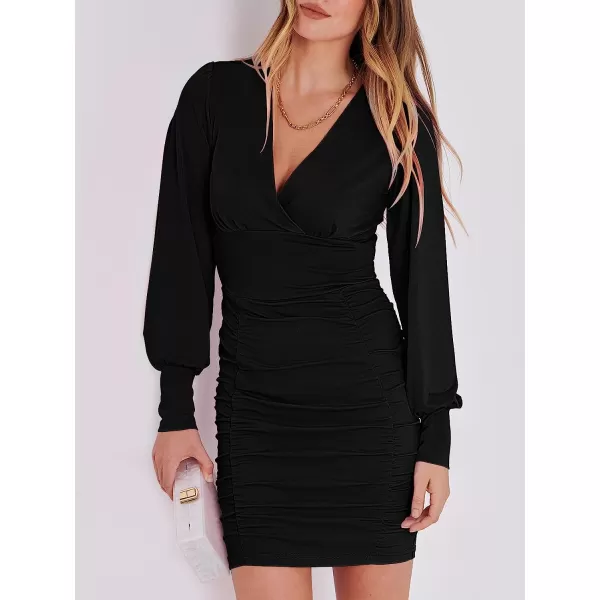 imageANRABESS Womens Deep V Neck Long Sleeve Short Cocktail Dress Sexy Ruched Bodycon Mini Party Club Night DressesBlack